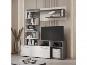 Стенка Евро (графит/дуб крафт белый) в Новокремлёвском - novokremlyovskoe.mebel-nsk.ru | фото